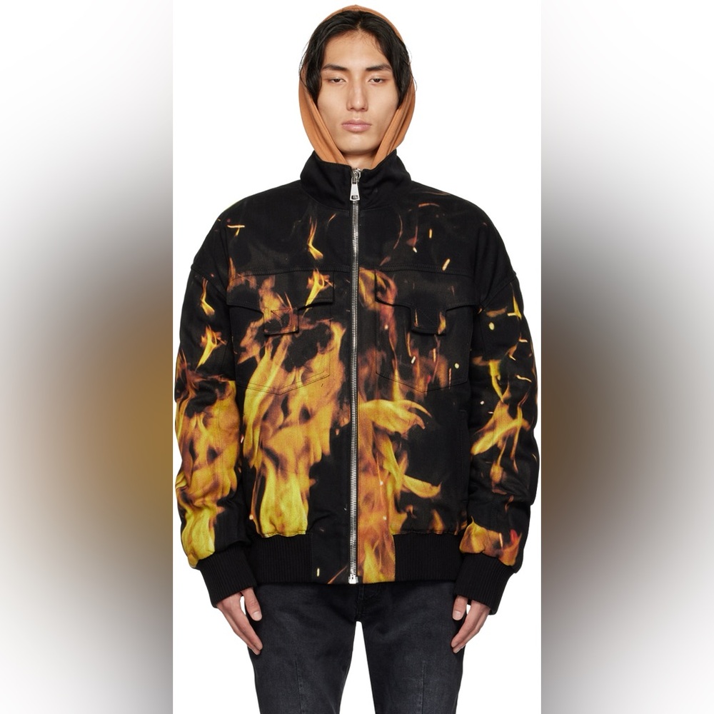 Balmain Fire Print‎ Denim Bomber Jacket Coat New- medium